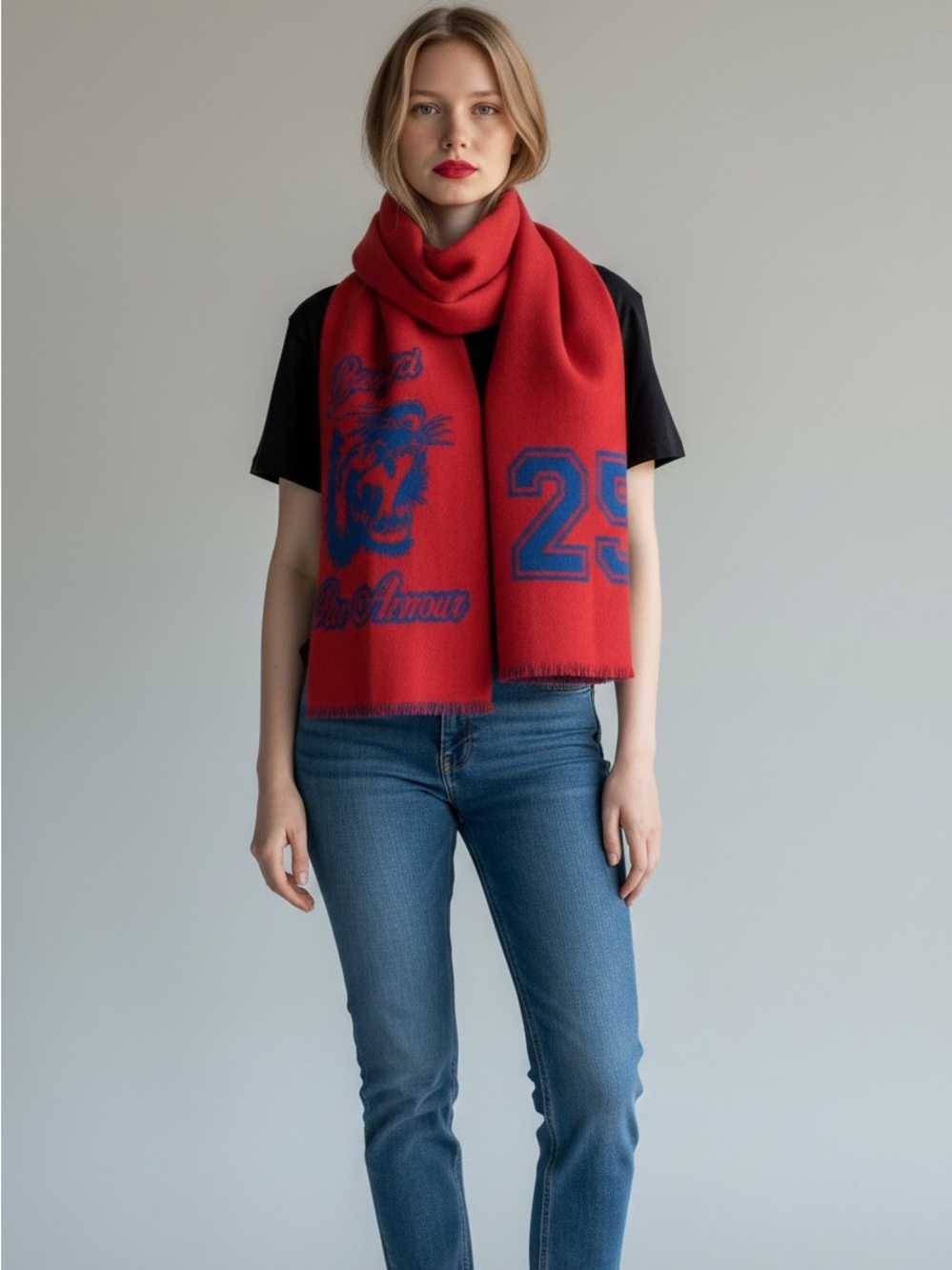 Gucci Scarf L'Aveugle Par Red Scarf with Blue Tiger & Number Motif